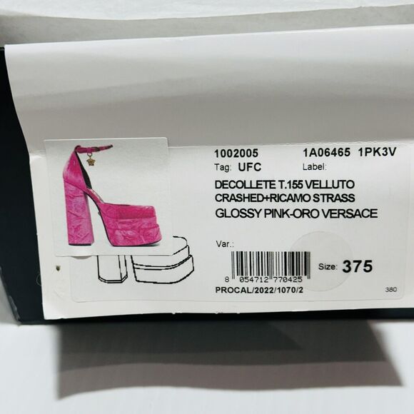 Versace Aevitas 37.5/ 7.5 Platform Pink Velvet Pump Crystal Medusa NIB $1,575 - Picture 15 of 16